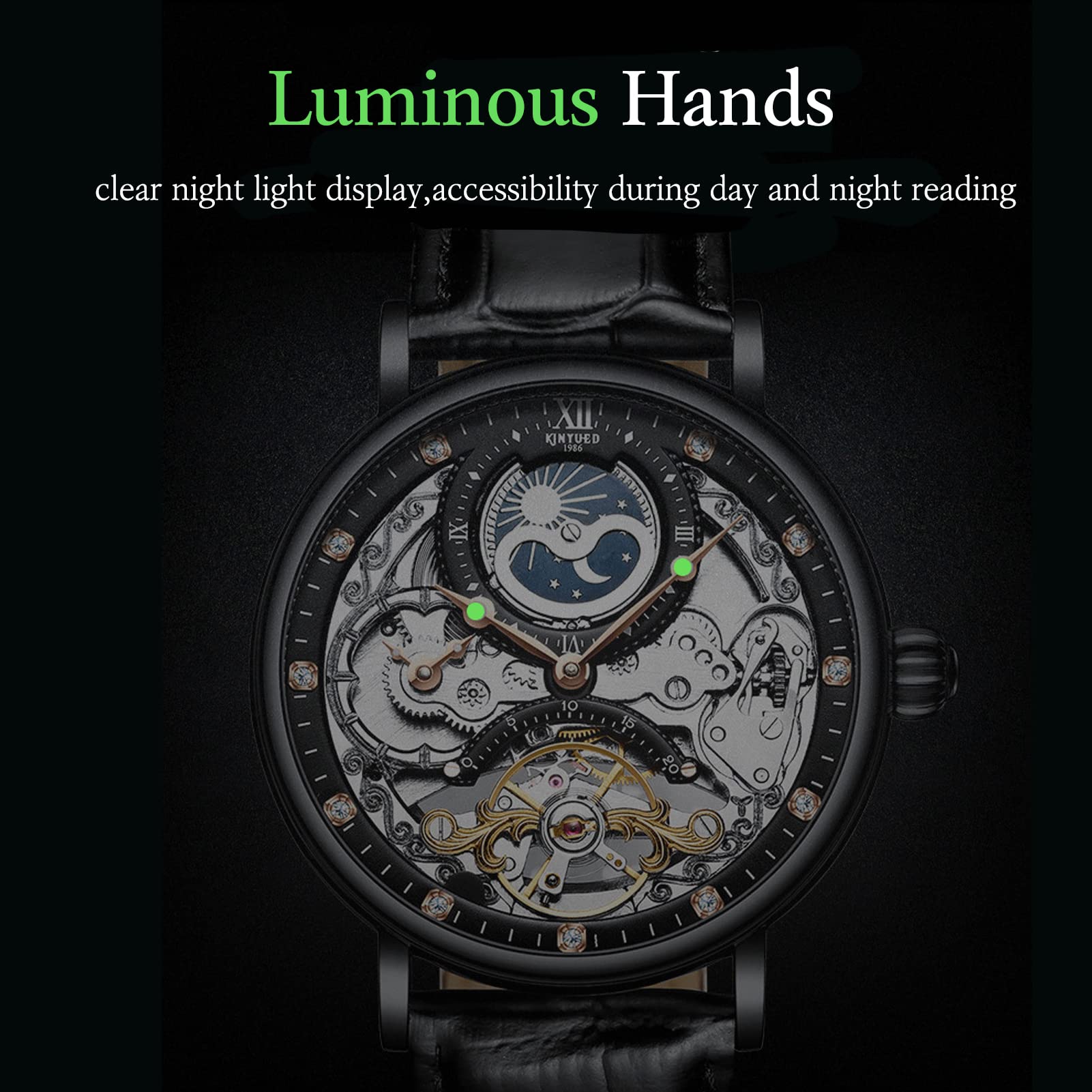 FORSINING Tourbillon Herren-Armbanduhr, Mondphase, automatische Armbanduhr, modisch, Business, Luxus-Skelett, Herren-Armbanduhr, Dual-Zeit-Selbstaufzug, Lederband, Allgold Black, Riemen