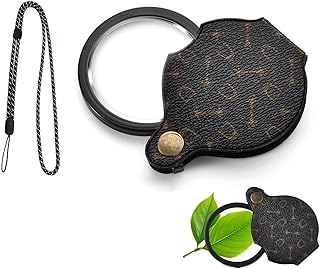 Pocket Magnifying Glass 15X Small Folding Travel Magnifiers with Lanyard Keychain Compact Mini Lens Around Neck Card Size for Wallet Nature Exploration Seniors Reading Leather Protection