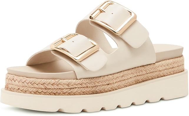 DOEYG Beige Platform Sandals for Women Summer Beach Flatform Slide Sandals Wedges Comfortable Casual Raffia Straw Crochet Espadrille Slides Size 8