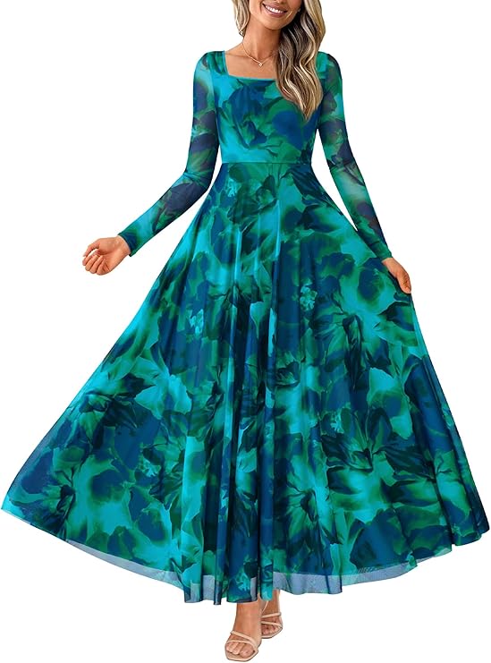 BTFBM Women Maxi Dress Fall 2025 Fashion Elegant Long Sleeve Square Neck Floral Print Party Club Wedding Guest Dresses