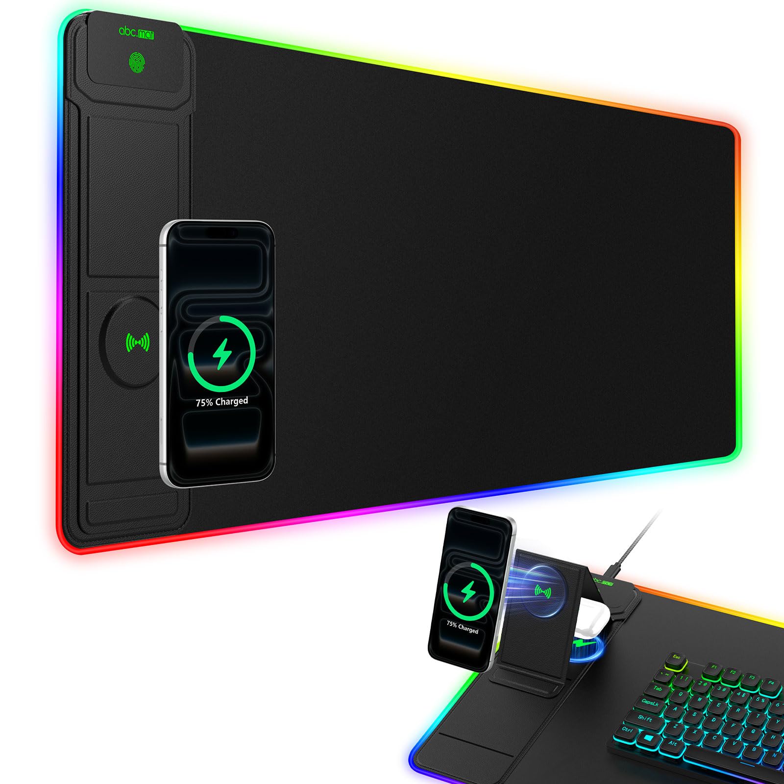 Tappetino per mouse da gioco XXL RGB LED con caricabatterie wireless magnetico e supporto pieghevole per telefono, 80 x 30 cm, tappetino da scrivania ultra liscio, 25 effetti di luce, base antiscivolo
