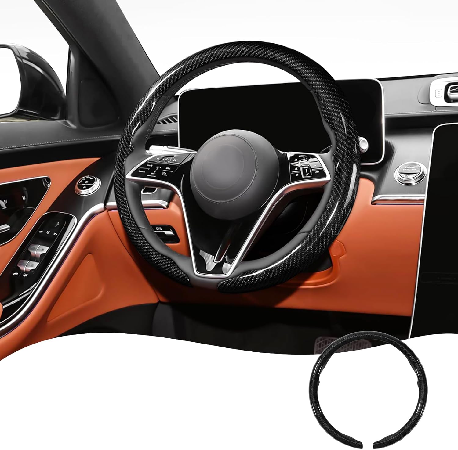 Car Steering Wheel Cover for Mercedes-Benz Carbon Fiber Pattern Protective Sleeve Black Card Sleeve Wrapped Anti-Slip Design Compatible with 15-inch Wheels Decorative Modification Unisex Accessories