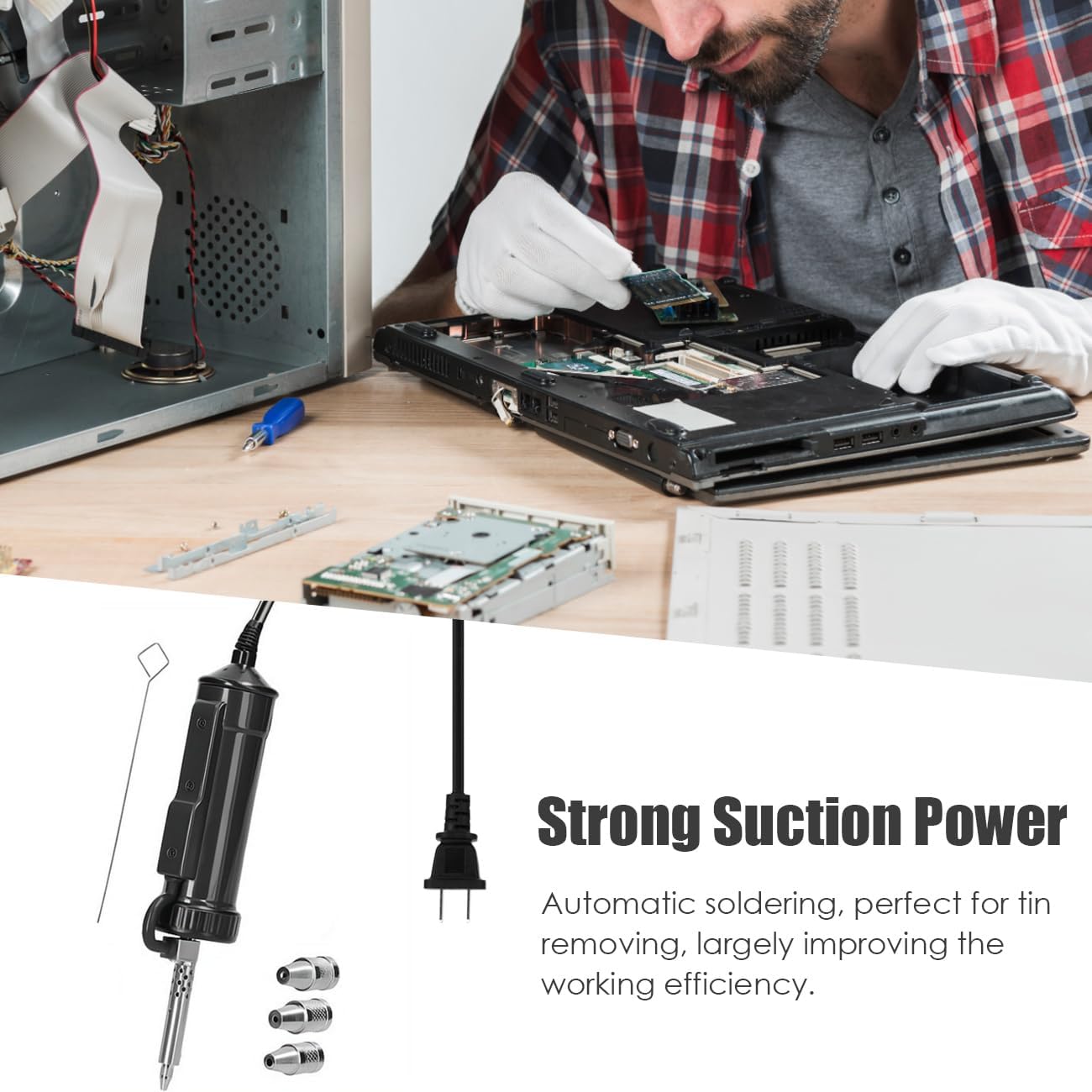 Solder Sucker Desoldering Pump, Automatic Electric Desoldering Gun Station Sucking Vacuum Pump AC110V 30W Iron Tin Solder Removal Repair Tool with 3pc Soldering Suction Tips