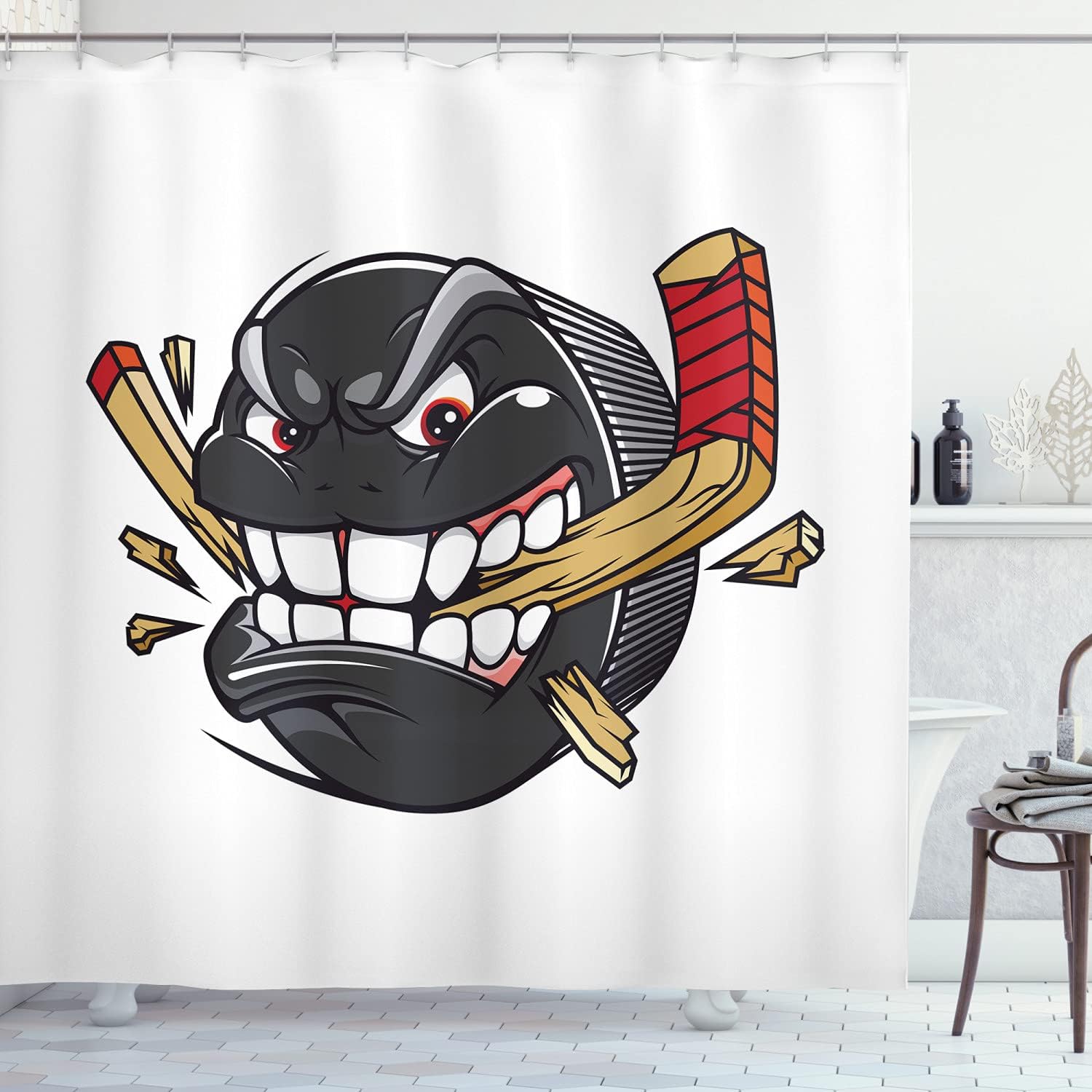 Ambesonne Hockey Shower Curtain, Cartoon Hockey Puck Bites and Breaks Hockey Stick Championship Game Mascot Character, Cloth Fabric Bathroom Decor Set with Hooks, 69" W x 70" L, Grey Camel Orange