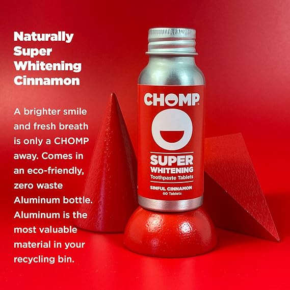 Chomp Whitening Toothpaste Tablets Fluoride Free Cinnamon Toothpaste Tablets for Fresh Breath & Daily Oral Care, Travel-Friendly Bottle, 60 Count