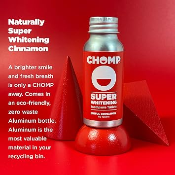 Chomp Whitening Toothpaste Tablets Fluoride Free Cinnamon Toothpaste Tablets for Fresh Breath & Daily Oral Care, Travel-Friendly Bottle, 60 Count