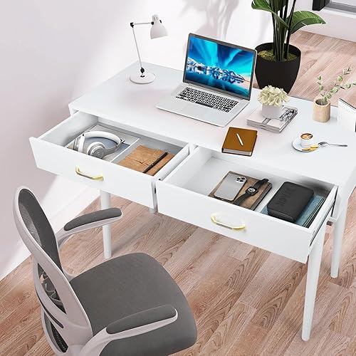 Miniatura 6 de Escritorio pequeño blanco con 2 cajones, escritorio moderno para espacios pequeños, escritorio de oficina en casa para estudio, escritorio de