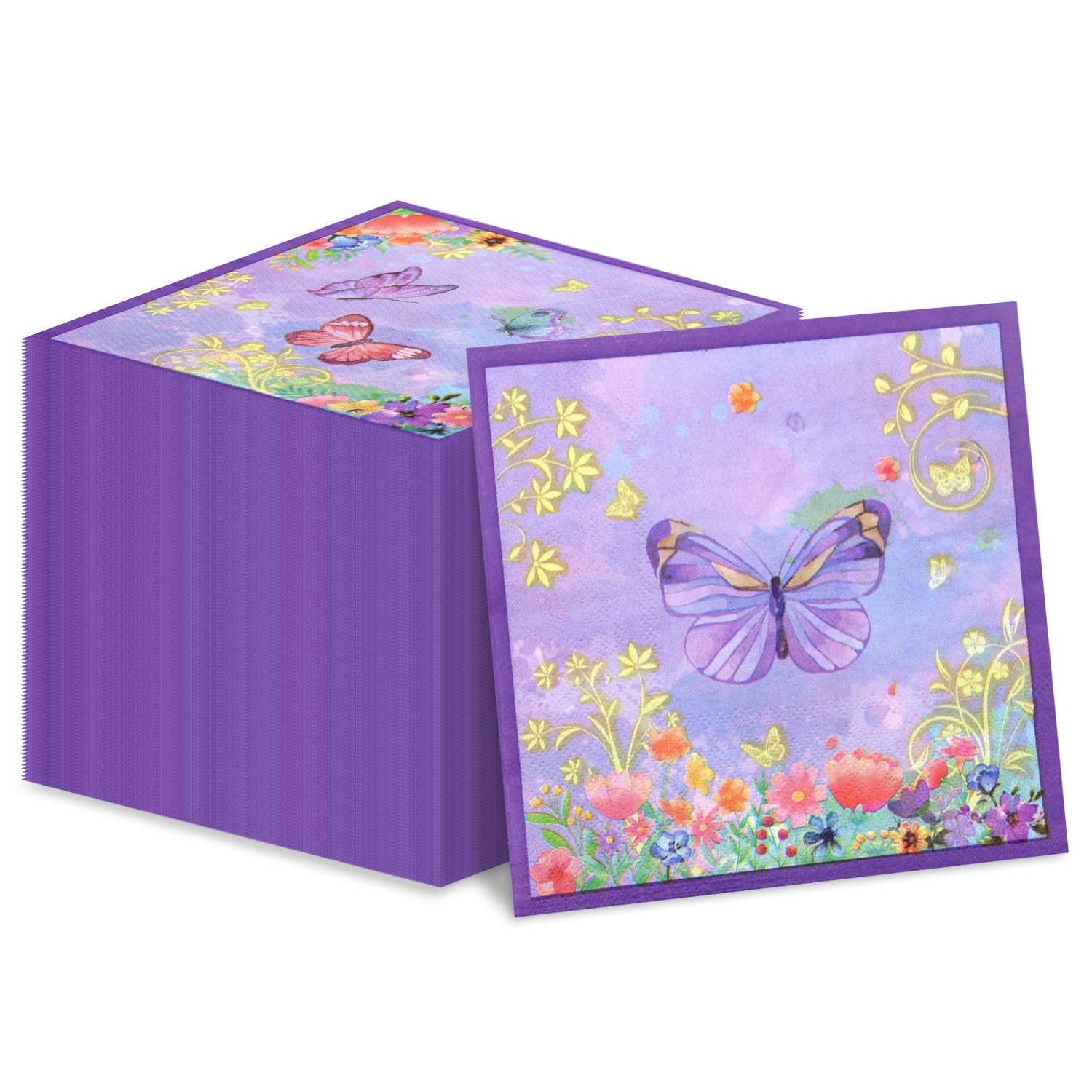 Schmetterlings-Servietten, 17 X 17 Cm, Violett – Mit Blumen & Schmetterlingen, 2-lagig – Für Party, Hochzeit & Dekoration