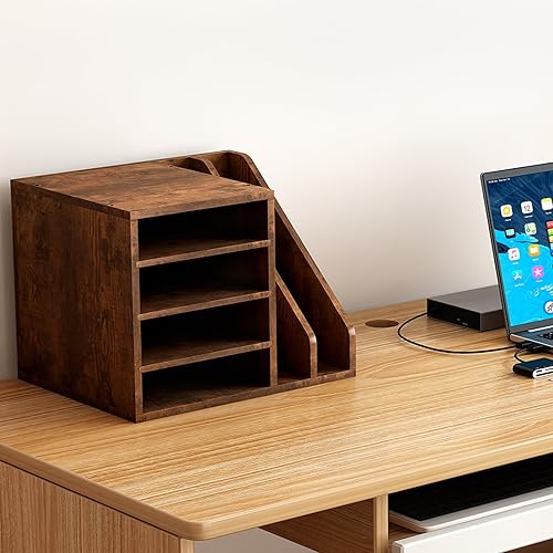 Miniatura 7 de Wood Desk Organizer File Holder, Wooden Mail Organizer Countertop with Adjustable Compartments, Desktop File Organizer Paper Sorter for Home, Office