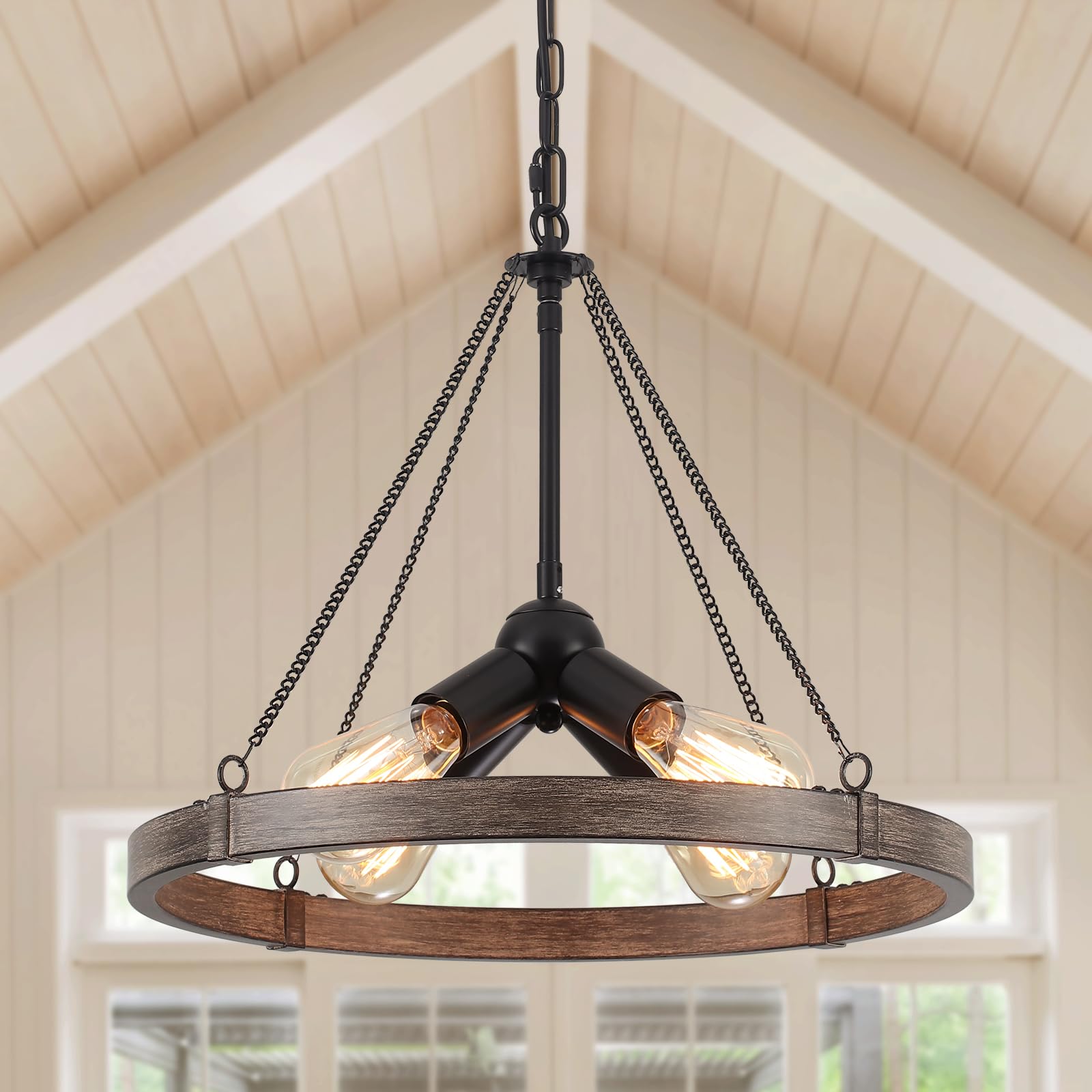 Vintage Kronleuchter Schwarz Wagenrad 4 Lichter 45cm 60W Höhenverstellbar | Kronleuchter Industrial Hängeleuchten, E27 Rustikale Pendelleuchte Esszimmerlampe Hängend für Küche Wohnzimmer Schlafzimmer