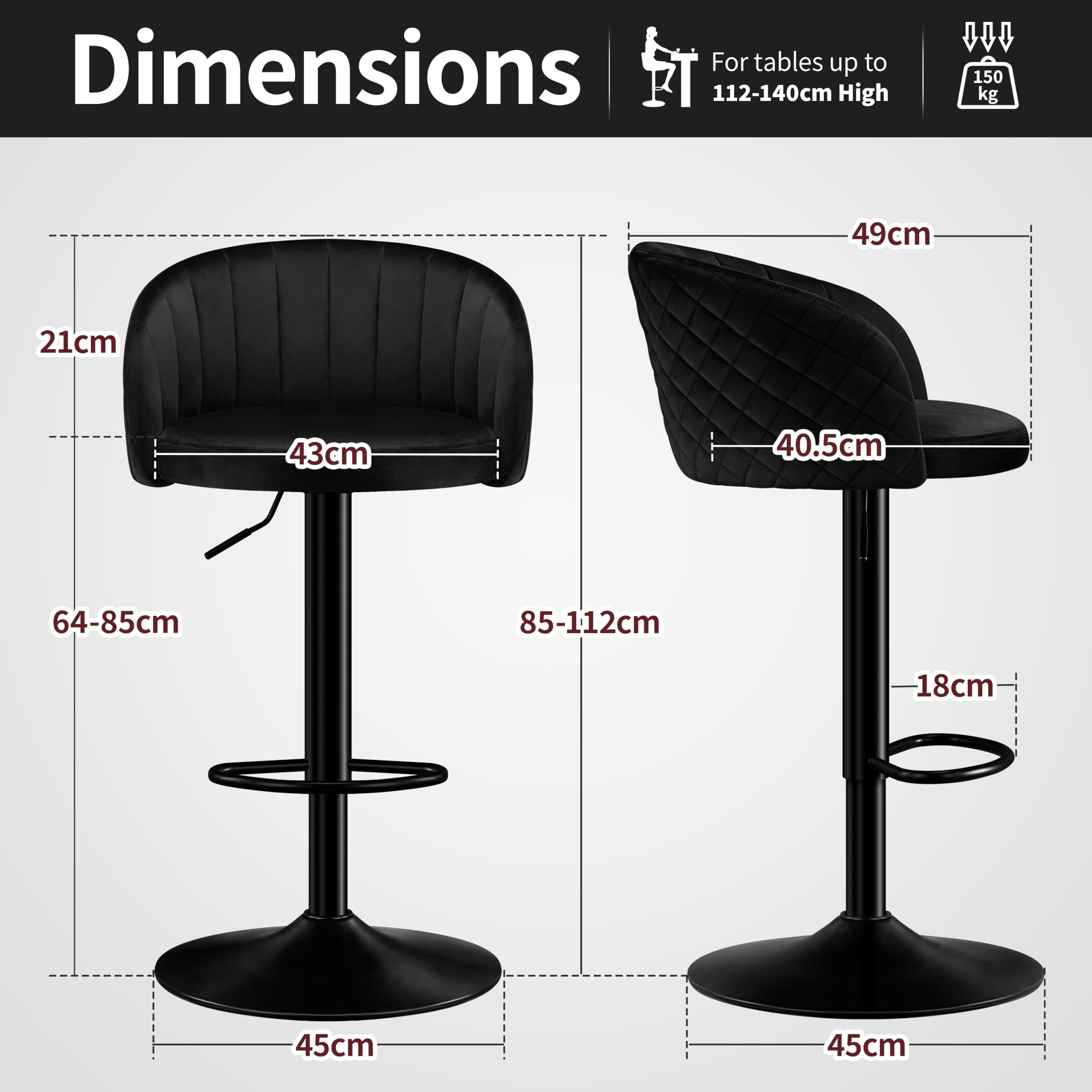 STOOLINK Taburete de Bar Juego de 2, Silla de Bar con Tela Terciopelo de Leche Altura Ajustable, Taburetes Cocina con Respaldo y Reposabrazos, Silla de Bar Rotación de 360°, Taburete Alto 150kg-Negro