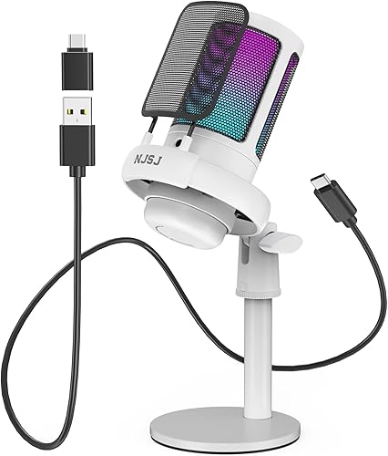 Miniatura 8 de NJSJ Micrófono USB para PC, micrófono de juegos para PS4PS5Macteléfono, micrófono de condensador con silencio táctil, iluminación RGB brillante,