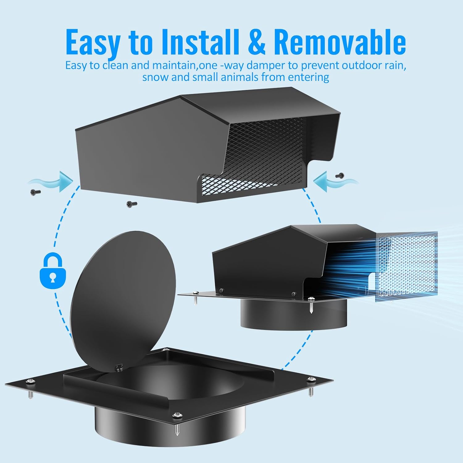 6 Inch Roof Vents for Houses with Damper,Galvanized Steel Roof Dryer Vent Cap,Removable Exhaust Vent for Ventilation System,Black