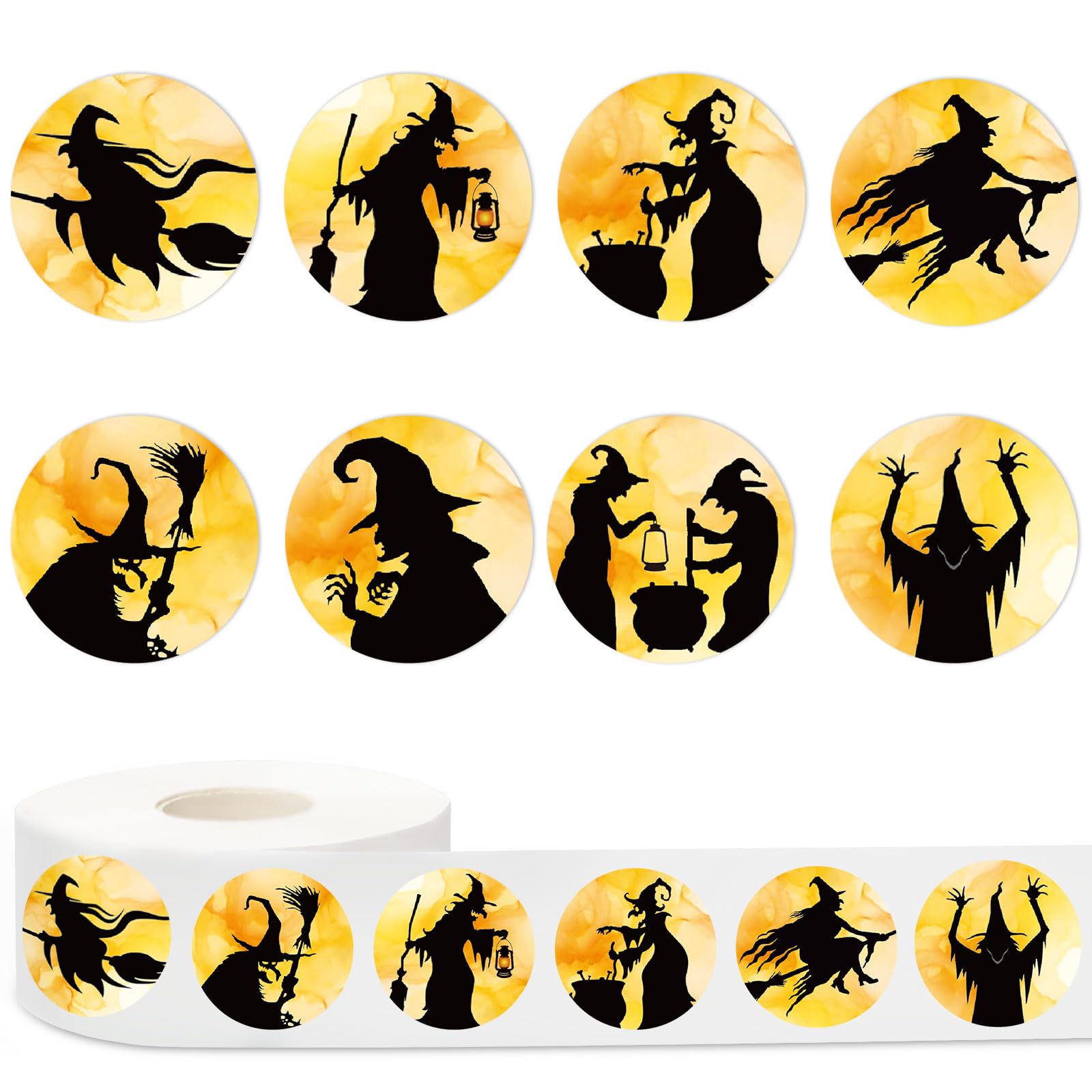 Autocollants Halloween ronds de JarThenaAMCS, rouleau de 1000 étiquettes avec 8 motifs sorcière