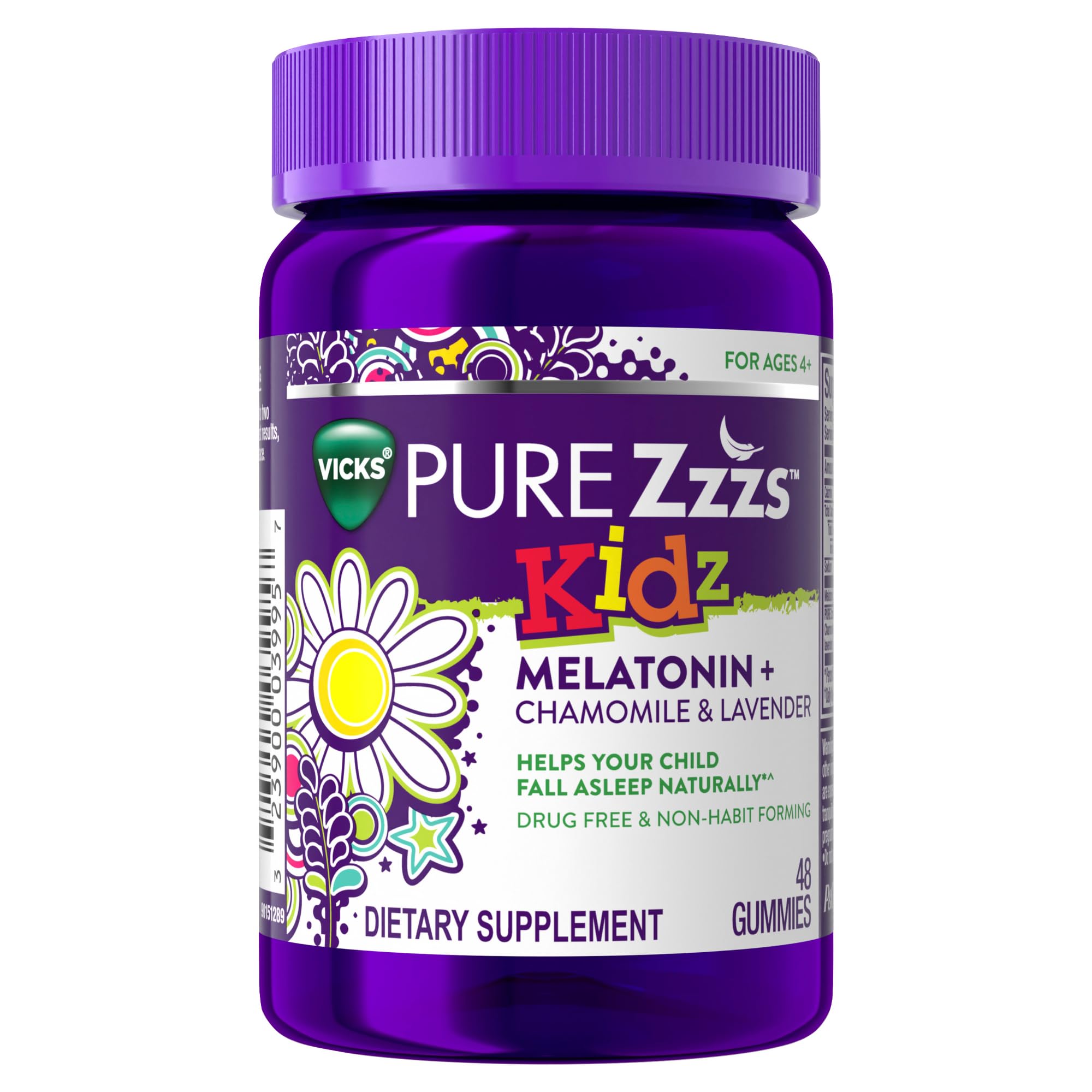 VICKS PURE Zzzs Kidz, Melatonin Sleep Aid Gummies for Kids and Children, Helps Your Child Fall Asleep Naturally, Low Dose Melatonin, 48 Gummies