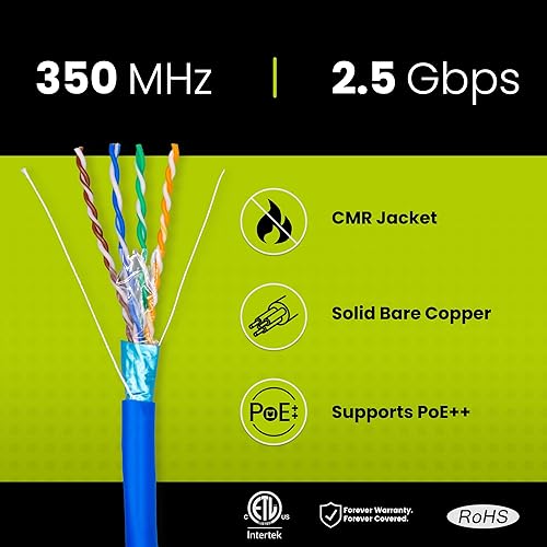 Miniatura 2 de trueCABLE - Elevador blindado Cat5e (CMR), 1000 pies, azul, 24 AWG cobre sólido desnudo, 350 MHz, PoE++ (4PPoE), listado ETL, escudo general de