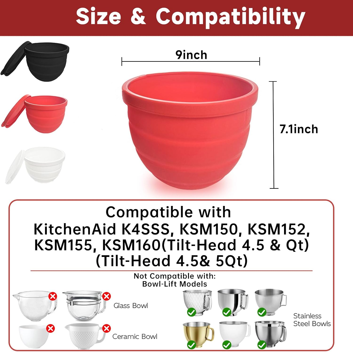 Silicone Bowl Liners for Kitchen 5Qt Tilt-Head Stand Mixers, Mixing Bowl Inserts with Lids, Non-Stick & Heat Resistant, Mixer Accessories Not for Bowl-Lift Models, Replacement Liners set of 3