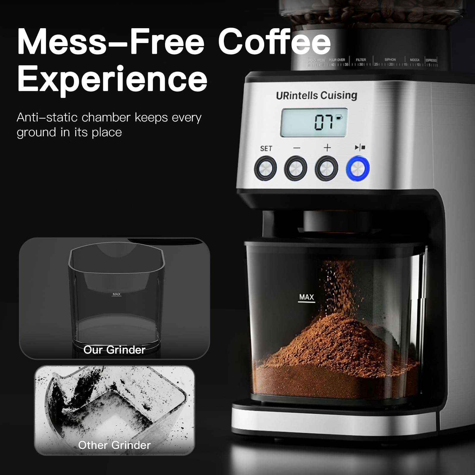 URintell młynek do espresso do gotowania, mielony młynek do kawy z 51 ustawieniami mielenia, precyzyjnym timerem, młynek do kawy ze stali nierdzewnej z łatwym czyszczeniem, antystatyczną konstrukcją i