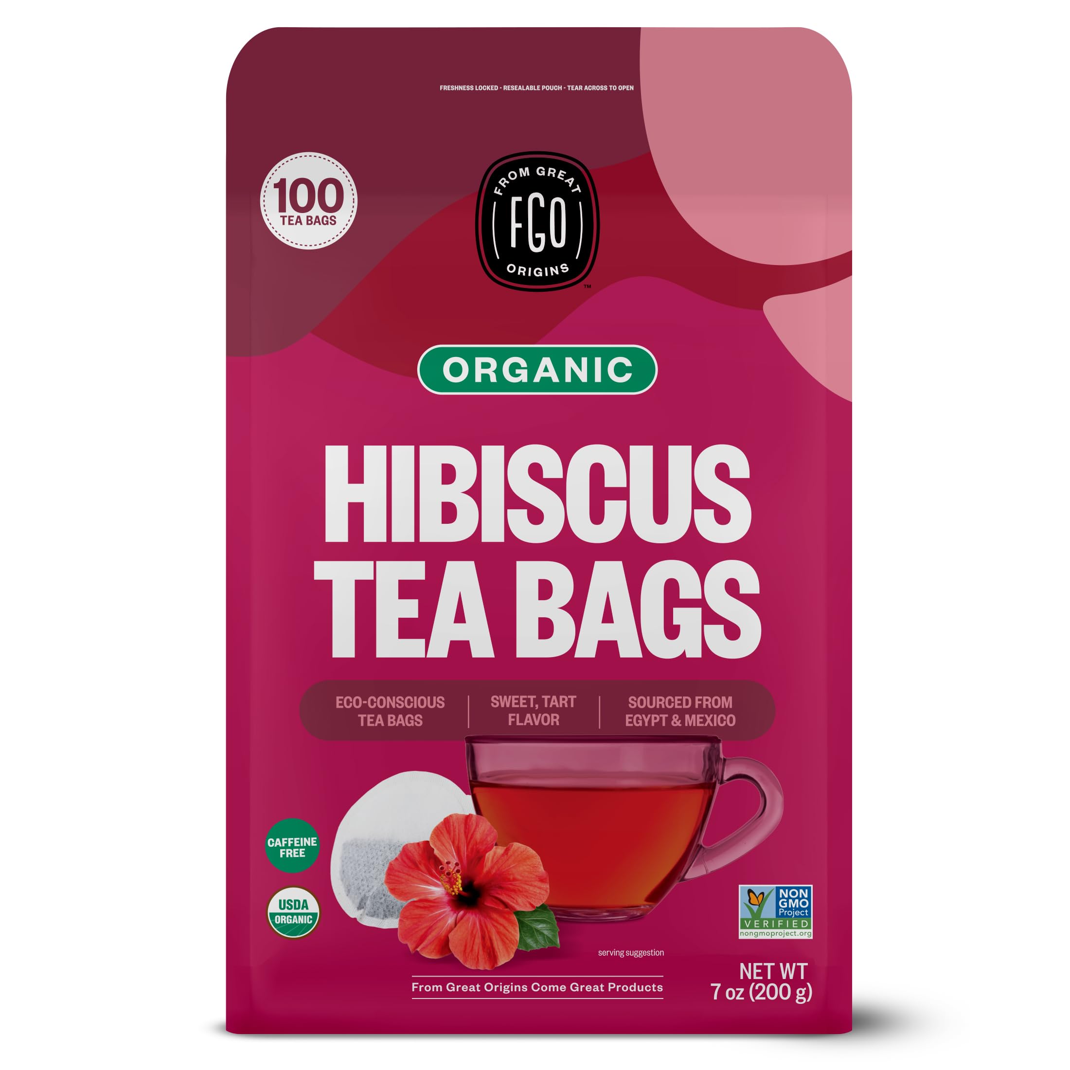 FGO Organic Hibiscus Tea, 100 Count, Eco-Conscious Tea Bags, Caffeine Free, Packaging May Vary (Pack of 1)
