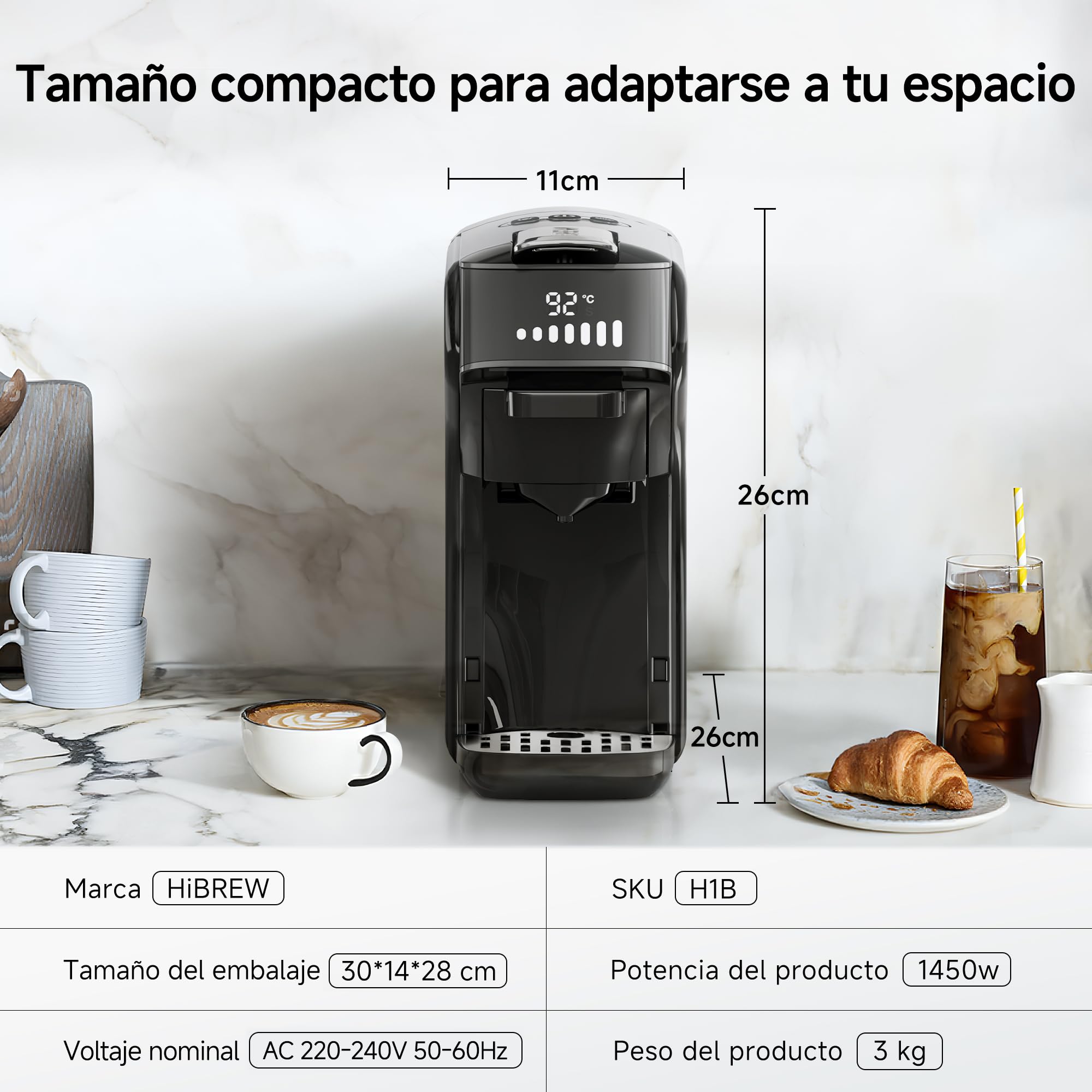 HIBREW H1B - Cafetera de cápsulas 6 en 1 | Compatible con Ns*/DG*/ Es*/Kcup*/Café Molido, Botón único Infusión Caliente y Frío, Temperatura y Cantidad Ajustable