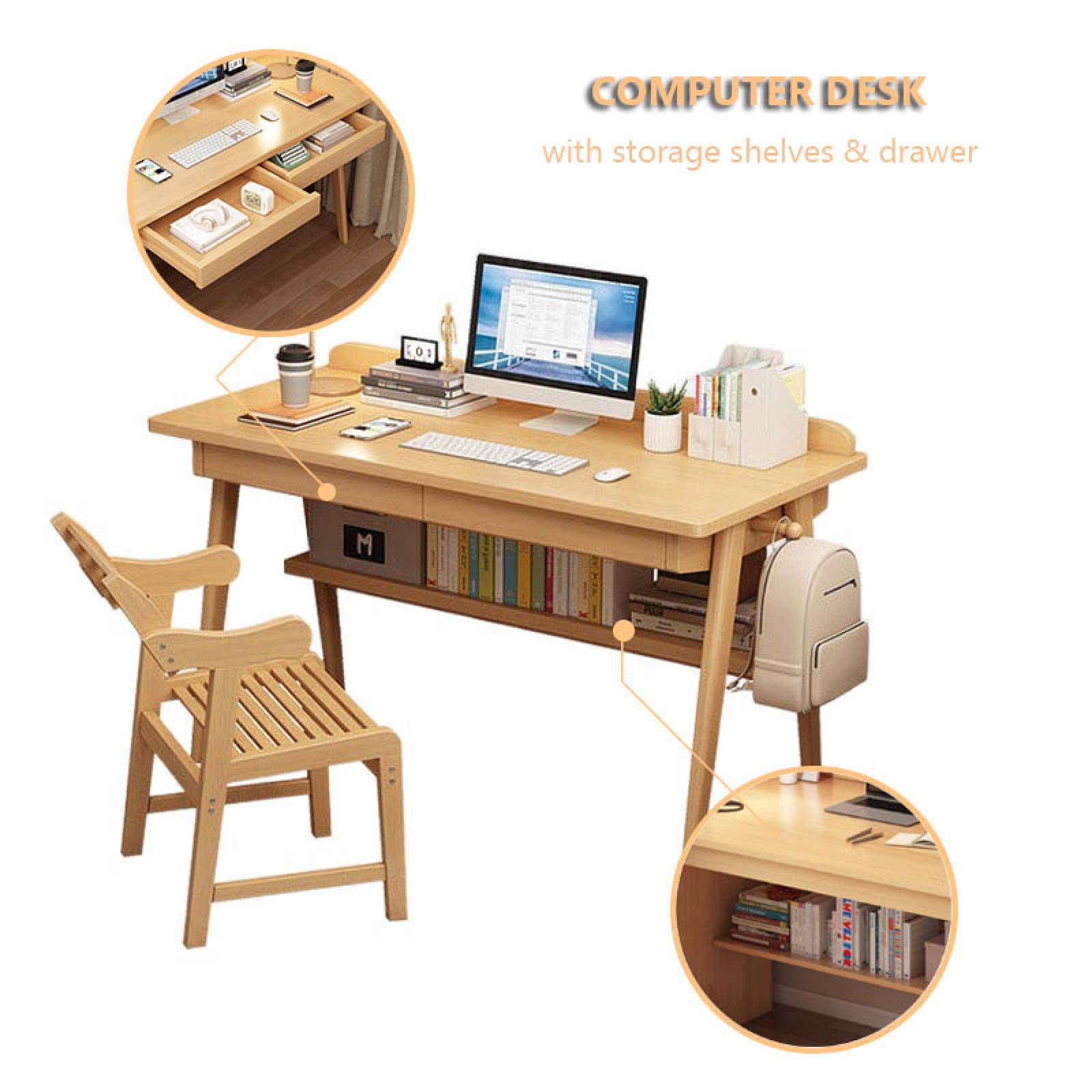 Amazon | コンピュータデスク、天然竹製学生デスク、引き出し2つと収納