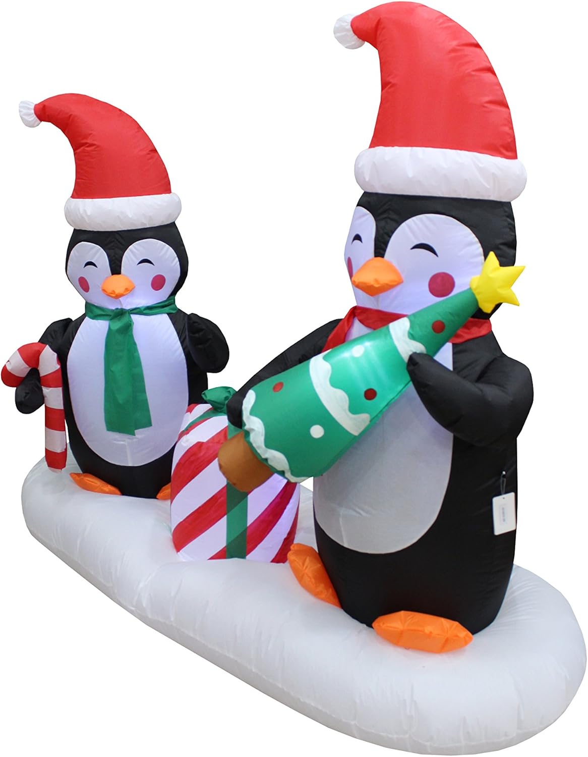 6 FT Long Lighted Christmas Inflatable Two Happy Penguins Holding Christmas Tree Gift Box and Candy Cane – Outdoor Indoor Holiday Decoration with Built-in LED Lights Self-Inflating Blower Yard Display