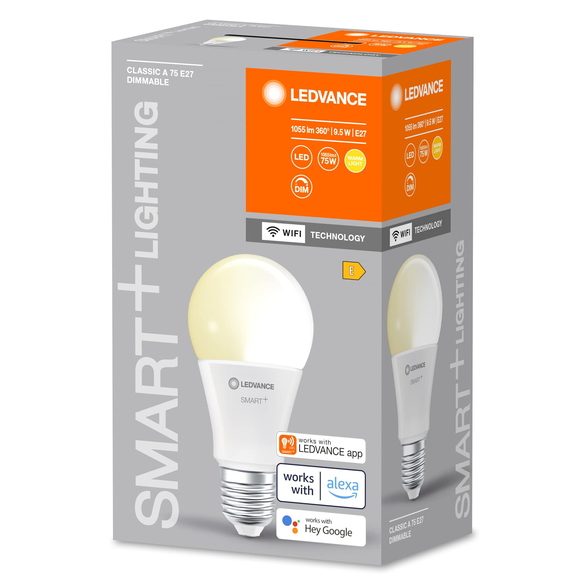 LEDVANCE SMART+ Lampa LED WIFI, matowa, 9,5 W, 1055 lm, kształt żarówki z trzonkiem E27, ciepłe białe światło przy 2700 K, możliwość przyciemniania, sterowanie przez aplikację lub głos, 4 szt.