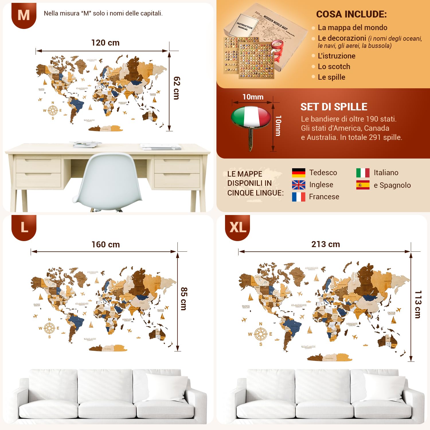 WOW WOOD Drewniana Mapa Świata - Italia (Wielokolorowy, 85.00 x 160.00 cms)