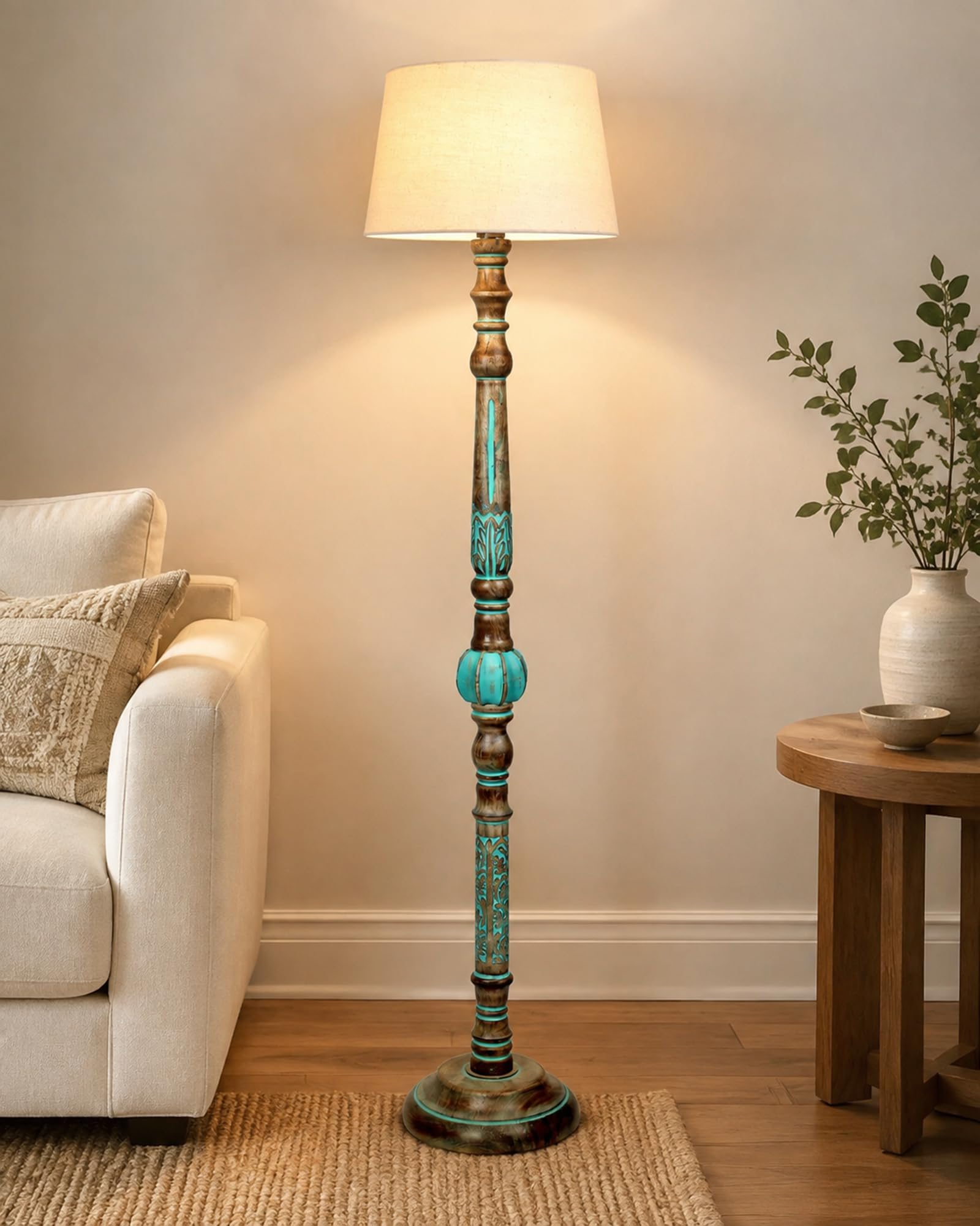 Homesake® Antique Wooden Floor Lamp for Living Room | Night Lamp Shade | Side Lamp for Living Room Light Decoration for Home | Made in India Products (Beige, Algae Carving)