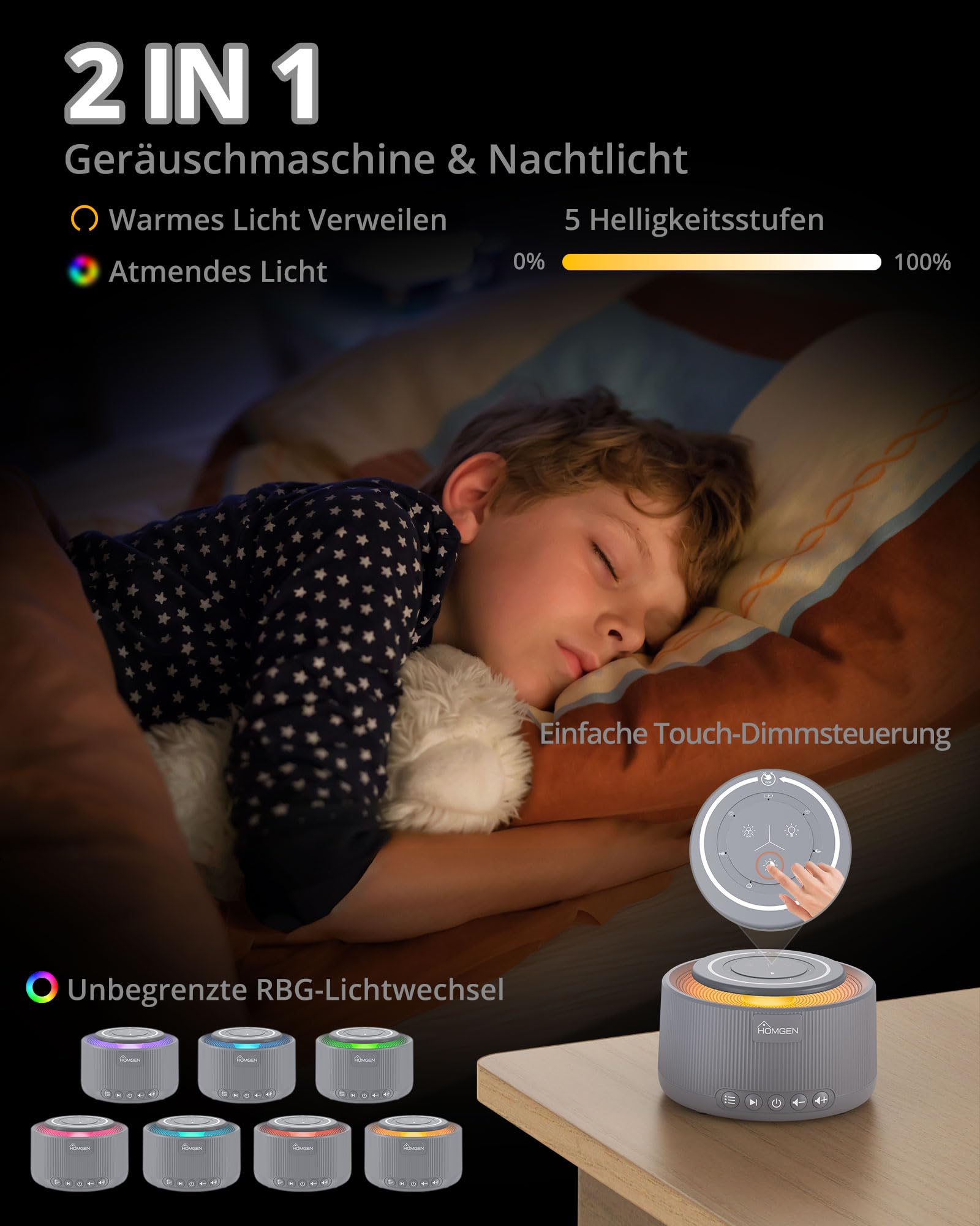 HOMGEN White Noise Machine Weißes Rauschen Maschine Einschlafhilfe Baby Erwachsene 30 Klänge & 30 Stufen Lautstärke Timer Speicher Touchpanel mit 3,5 mm Audiobuchse Schlafen Entspannen