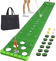 Vista 9 de Juego de Putting de Golf con Borde Frontal para Interiores y Exteriores, Alfombra de Putting de Golf Incluye 4 Pelotas, 1 Bolsa Portátil, 2 Banderas
