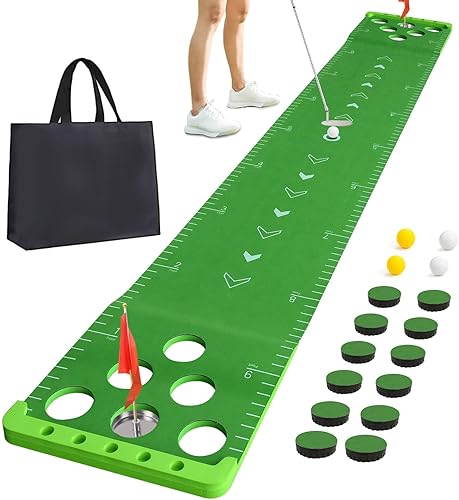 Miniatura 7 de Sagsewful Juego de putting de golf con borde frontal para interiores y exteriores, tapete verde para poner de golf, incluye 8 pelotas de golf y