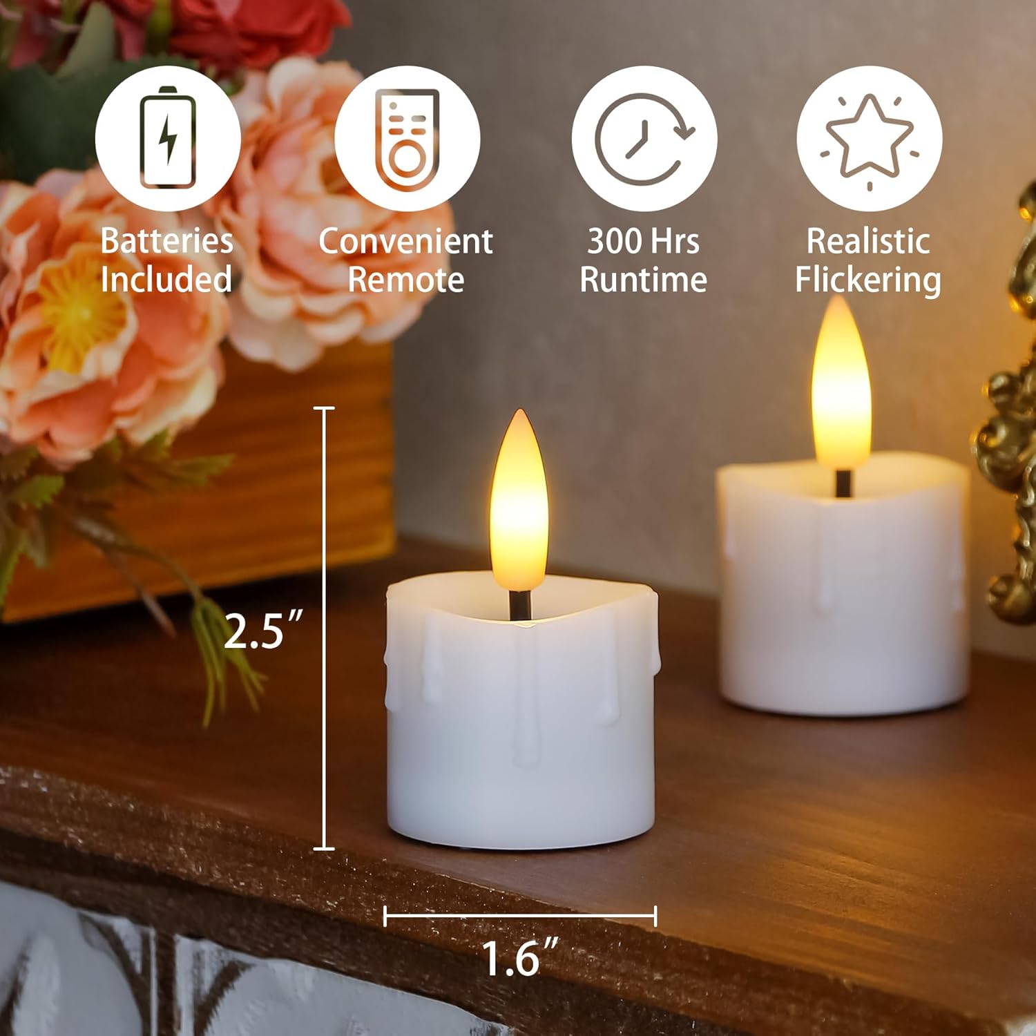 Yeelida Flameless LED Remote & Timer 1.6" x2.5" Plastic Tea Light Candles with Batteries, 6pcs Battery Operated Flickering Electric White Dripping Wax Design Tealight Votive