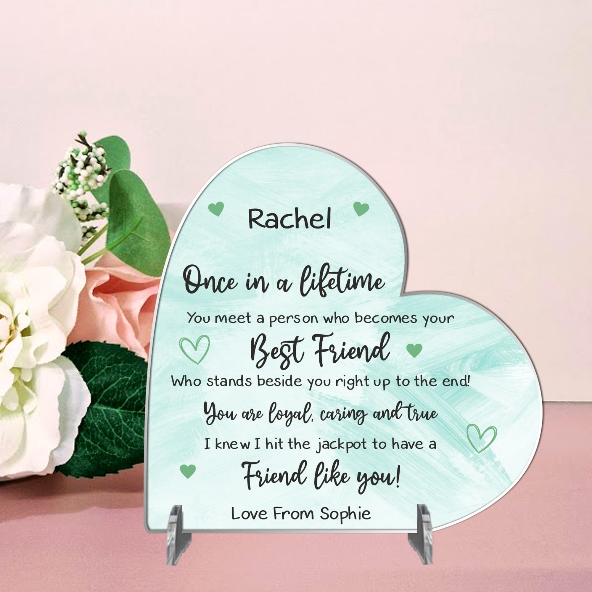 Friendship Personalised Heart Freestanding Plaque for Best Friends, Birthdays, Gift for Friends, Besties, Sentimental Quote Keepsake Sign (Mint, Acrylic - Medium - 135mm x 130mm)