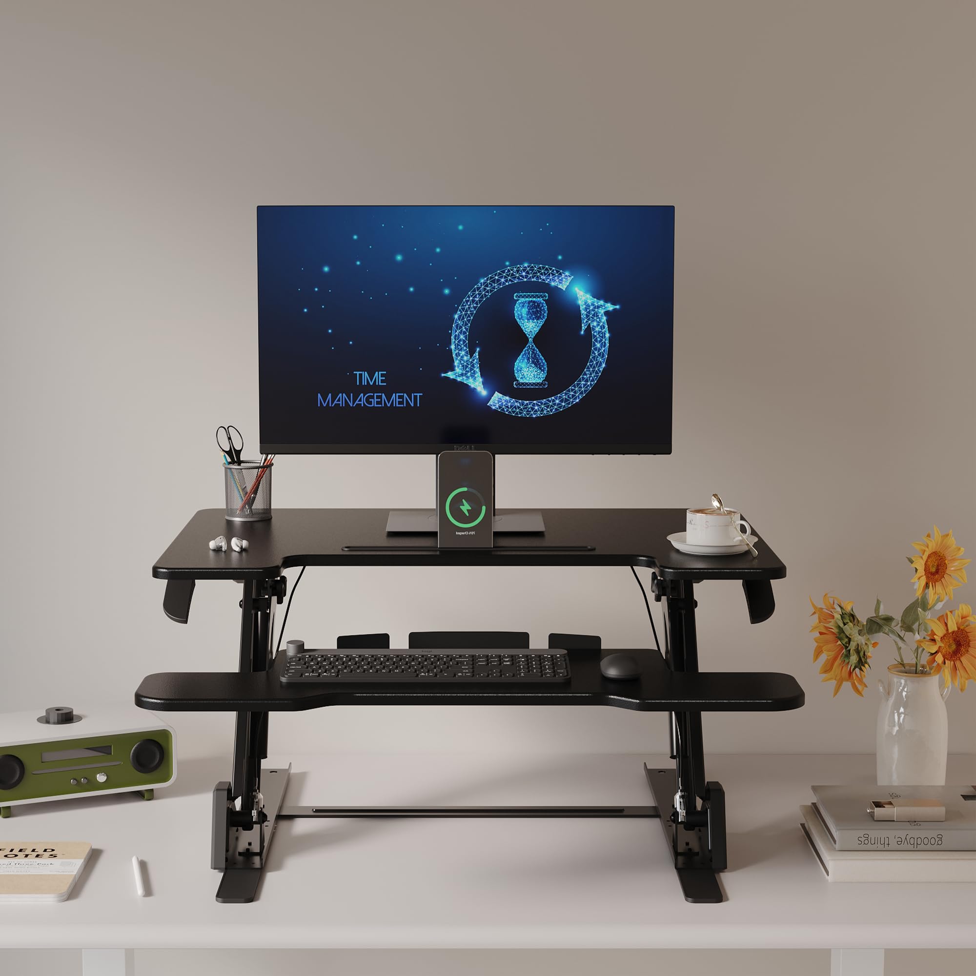 BONTEC Stehpult Höhenverstellbar mit Dual-Gasfeder, Tischaufsatz für Dual Monitor Arbeitsplatz, 81,3cm, 15kg Tragfähigkeit, Einfache Montage, Ergonomischer Schreibtischaufsatz für Zuhause und Büro