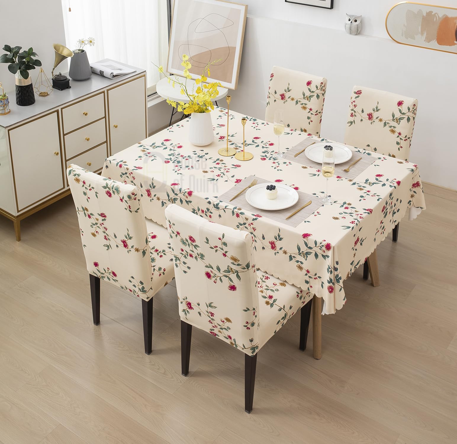 House of Quirk Polyester, Polyvinyl Chloride (PVC) Dining Chair Cover with Rectangular Table Covers for Kitchen Waterproof Dining Table Cloth (Beige Tulip, 1 Table Cover + 4 Chair Cover)