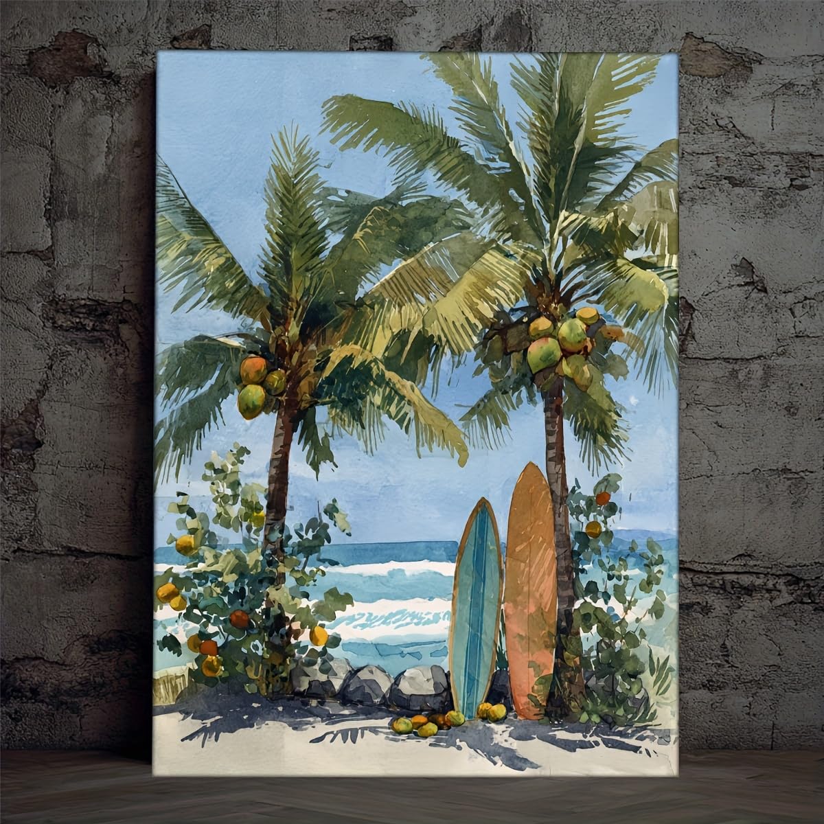 SPXLUCAU 1pc Tropical Beach Wall Art - Turquoise Surfboard, Palm Trees & Coconuts - Hawaiian Coastal Decor for Office(40x50cm/No frame)