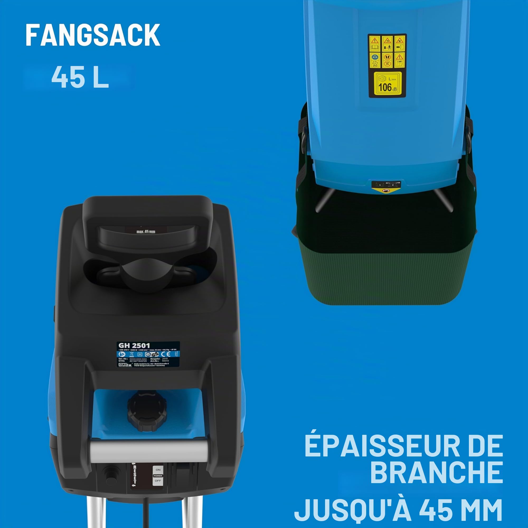 Güde 94372 GH 2501 Hachoir de jardin avec bras de suspension automatique 45 l, Bleu