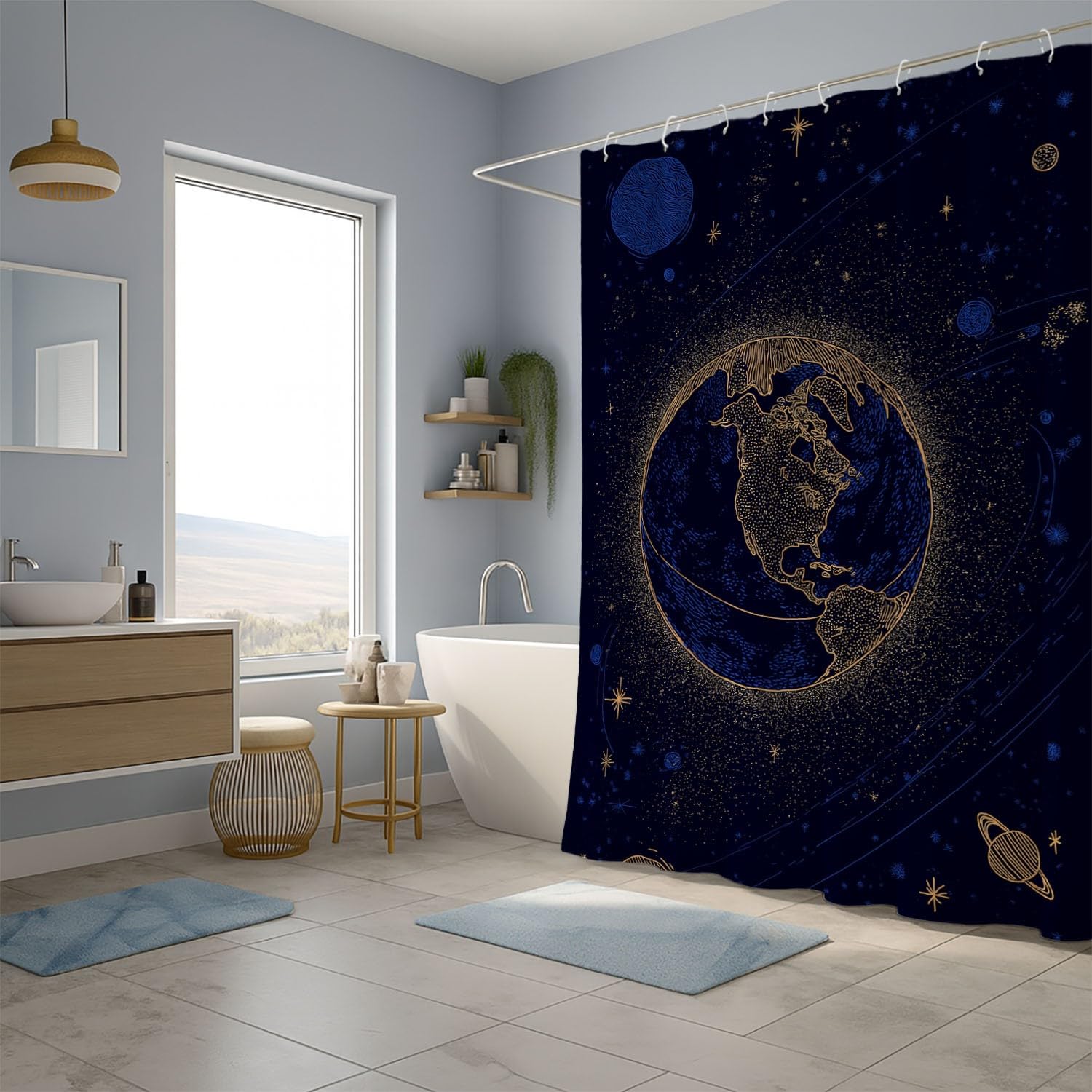 Generico Fantasia Tenda Da Doccia Misterioso Spazio Terra Blu Oro, Tenda Da Doccia Per Bagno, Vasca Da Bagno, Tenda In Poliestere Impermeabile Con Ganci In Plastica, 180 x 200 cm