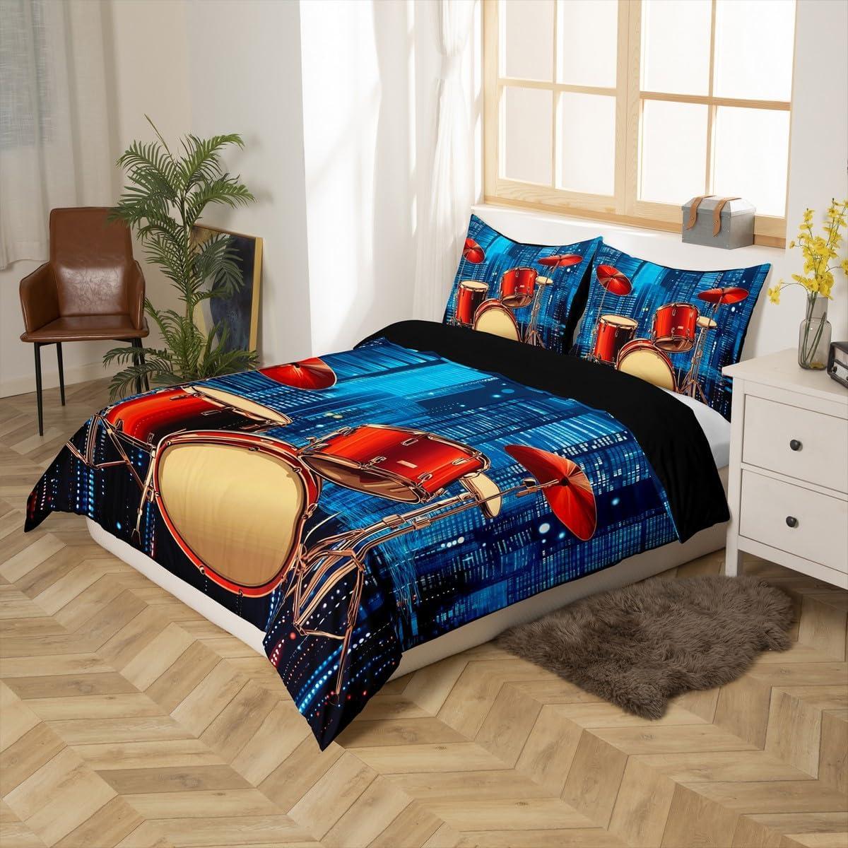Drum Kit Set Comforter Cover Twin Size Rock Music Duvet Cover Set Red Drum Kit Set Bedding Set For Kids Boys Young Man Hip Hop Hippie Quilt Cover Music Instrument City Night View Bedspread Cover