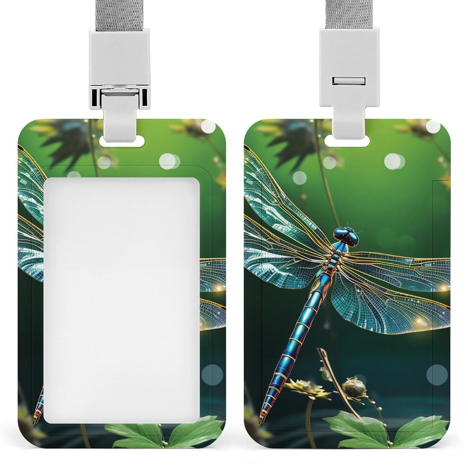 ID Card Holders for Lanyard,Dragonfly Green Printed Badge Holder with Clear Window,Plastic Vertical Bus Pass Holders for Work Teacher Nurse Employees Proximity Key Cards Women Men