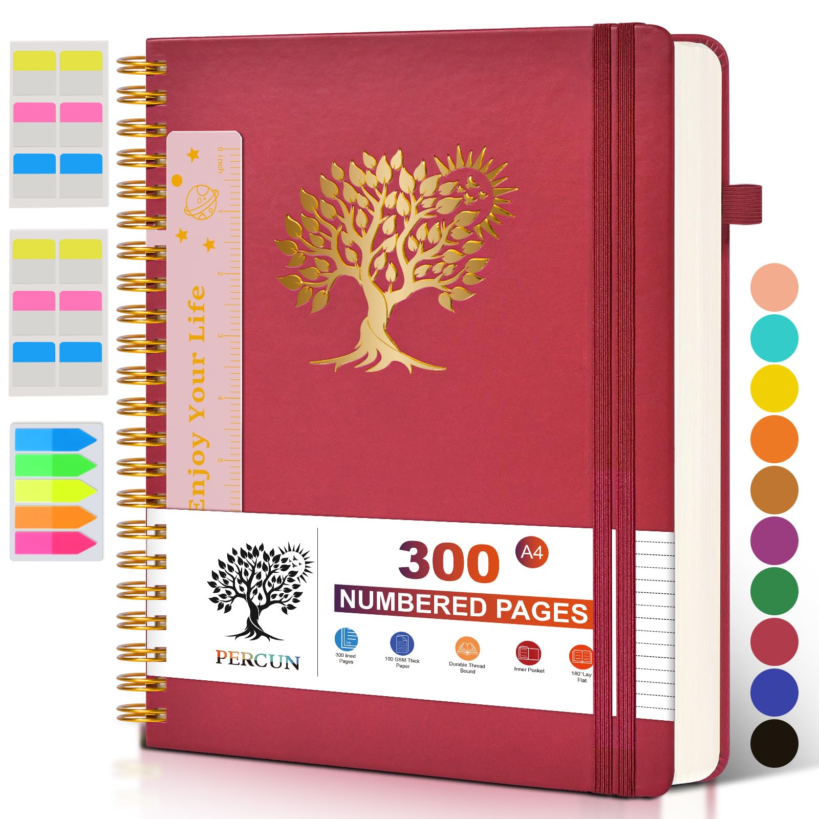 Large Spiral Notebook Journal for Women Men - 300 Numbered Lined Pages, College Ruled, A4 Hardcover Spiral Bound Notebook for School, Work, Note Taking, Writing, Leather Spiral Journal 8.5"x11"