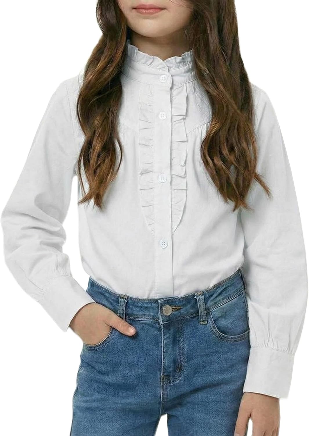 Girls Button Down Shirt Puff Sleeves Blouse Summer Cute Top Doll Collar School Uniform, 4-13Y