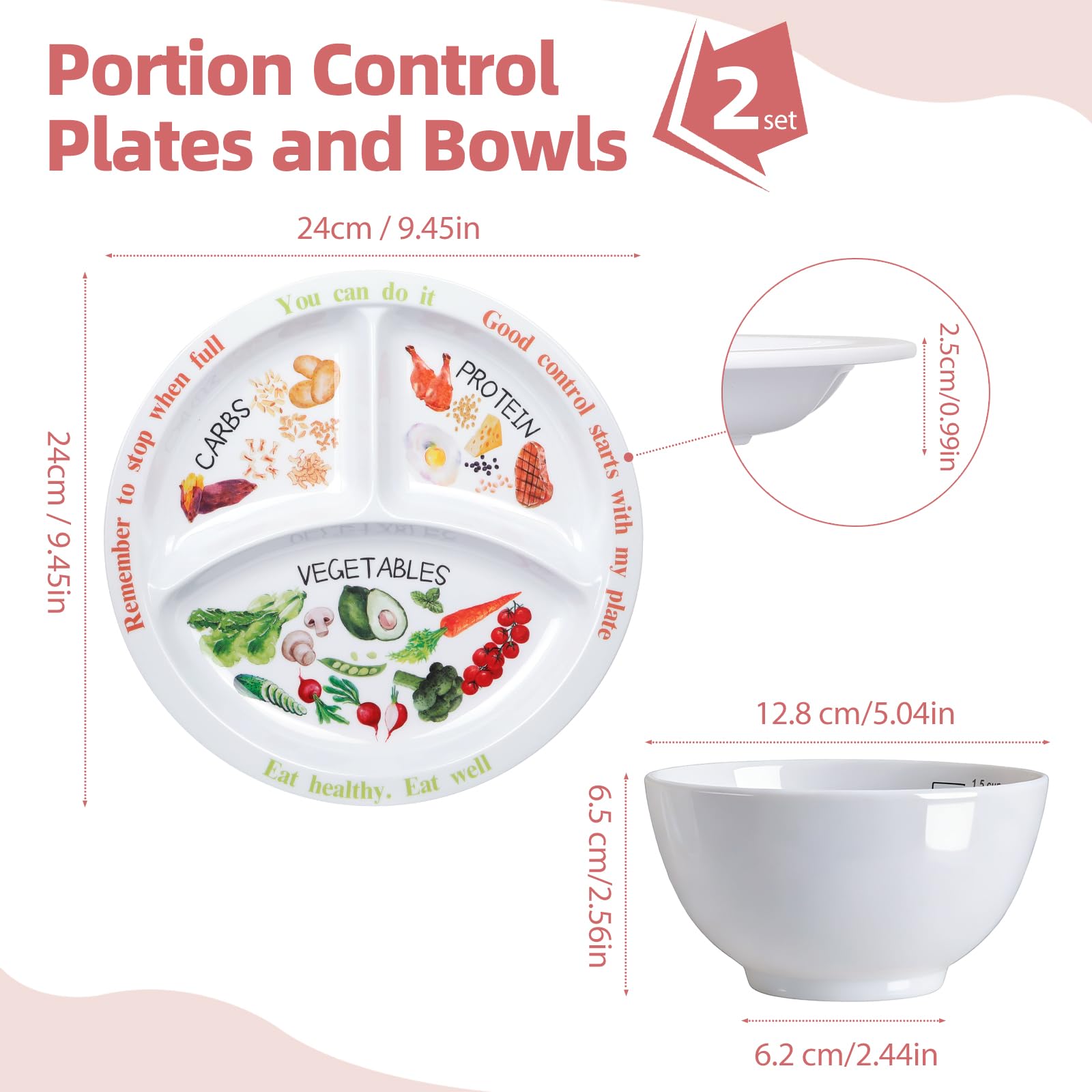 Lot de 4 assiettes de contrôle des portions pour une alimentation équilibrée – Assiette de nutrition saine pour adultes et adolescents – Séparateurs en mélamine, parfaits pour une alimentation
