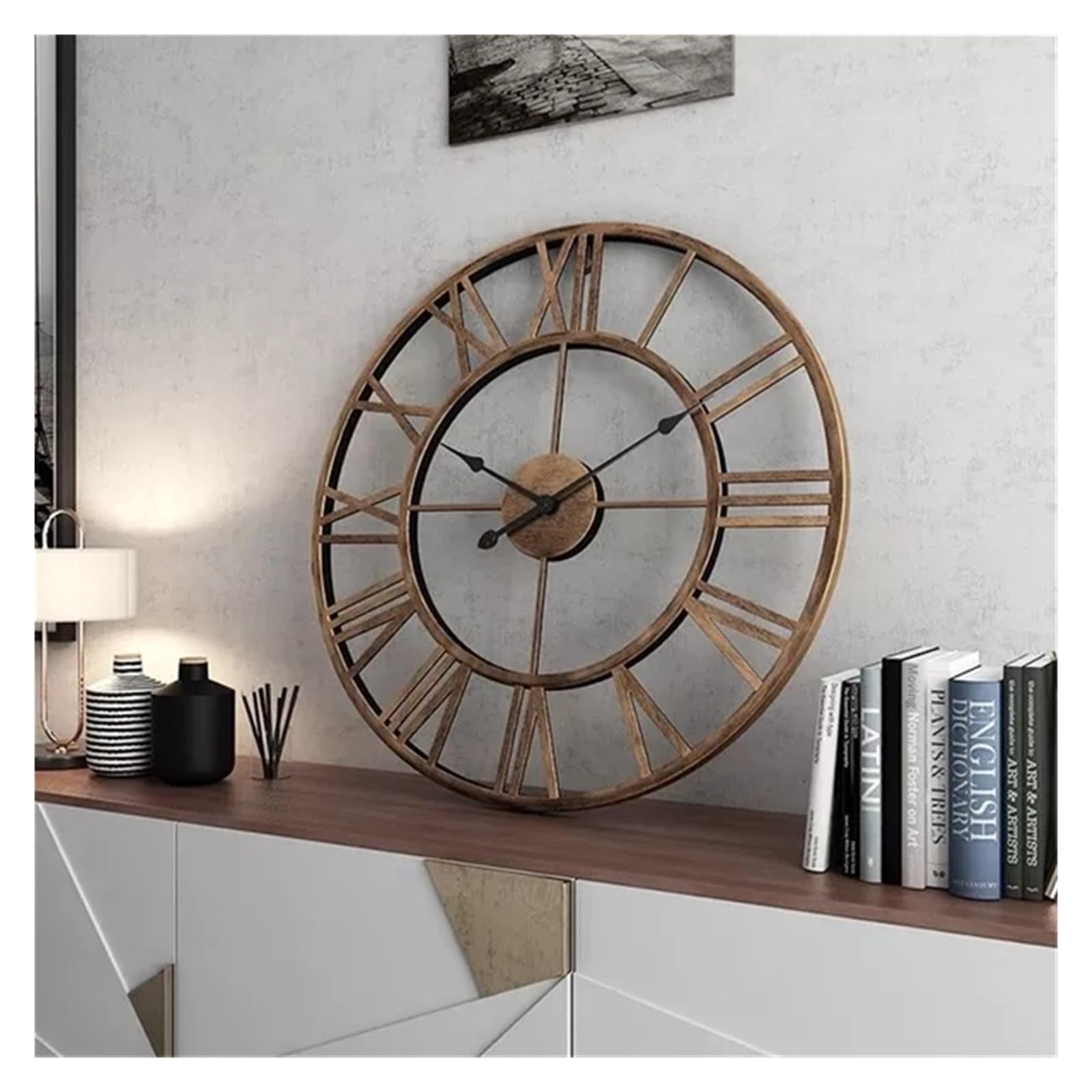 60 CM Grandi Orologi Da Parete 3D Numeri Romani Retro Rotondo In Metallo Ferro Accurato Silenzioso Nordico Appeso Ornamento Decorazione Del Soggiorno Funzionamento Silenzioso(BLACK)