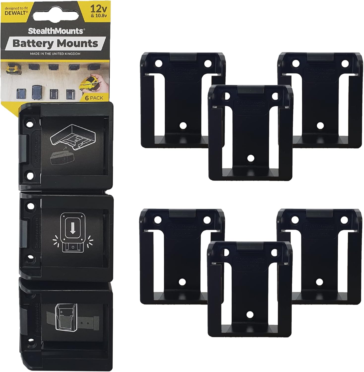 StealthMounts Battery Holder Compatible with DeWalt 12V (6 Pack) - Black | StealthMounts Battery Mounts | Made in The UK