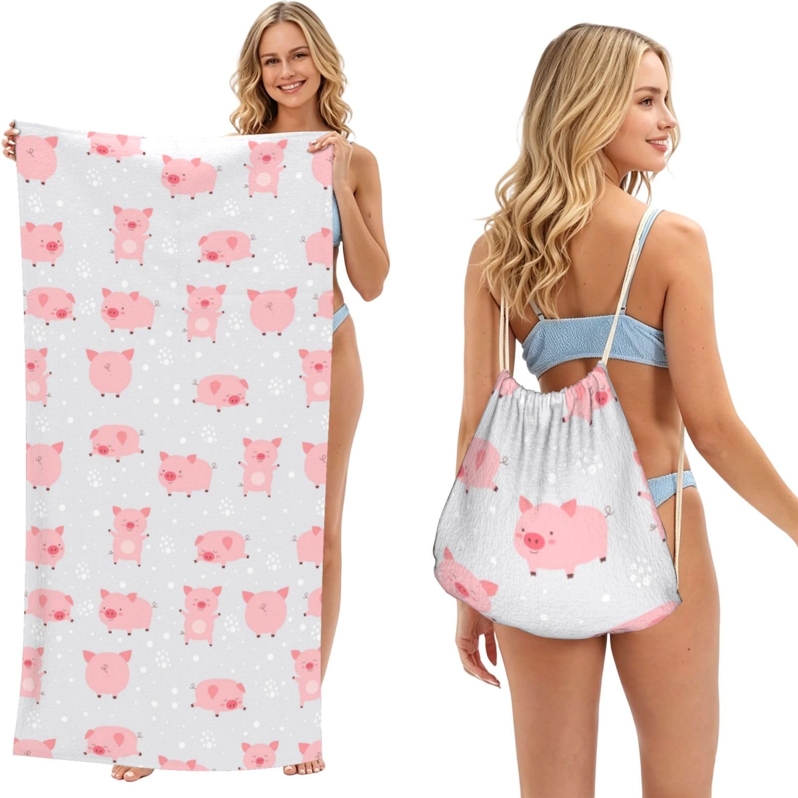 Poadnly As Picture Cheerful Cute Little Pigs, 2 In 1 Packable Towel Bag, Beach Towels With Drawstring Backpack For Travel Holiday Camping