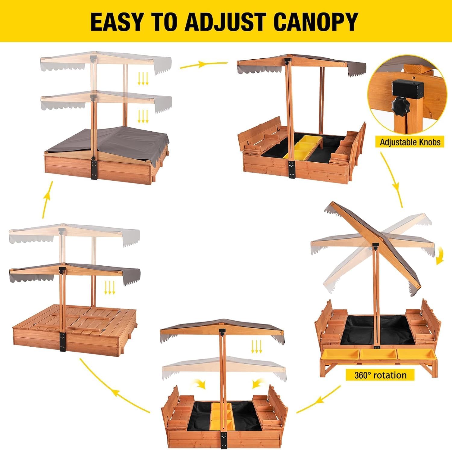 AIVITUVIN Sandbox with Lid, Wooden Kids Sand Box with 3 Detachable Toy Bins, Adjustable Canopy & 4 Built-in Bench Seats, Leak-Proof Non-Woven Liner, Foldable Cover, for Backyard, Patio & Lawn