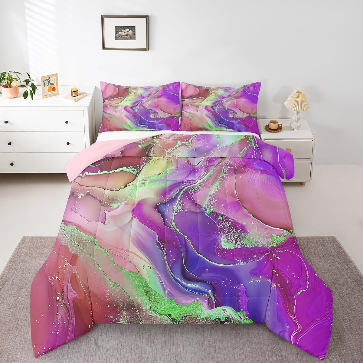 Erosebridal Girly Pink and Purple Queen Bedding Sets Aesthetic Marble Comforter Set for Girls Women, Foil Print Down Comforter Mountain Fluid Bedding Comforter Sets, Rainbow Tie Dye Duvet Insert