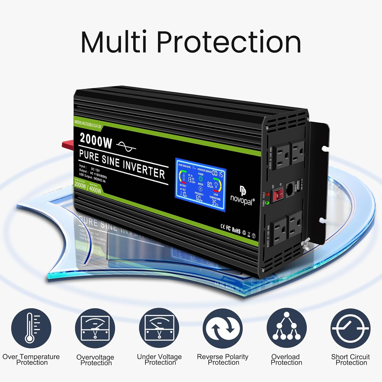 NOVOPAL 2000 Watt Pure Sine Wave Power Inverter DC 12V to AC 110V 120V Rv Inverters with 1 USB Port-16 feet Remote Control, LCD Display for Truck, Hurricane, Home